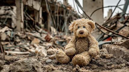 Abandoned teddy bear rubble war zone lonely childhood loss soft toy ruin destruction urban conflict trauma hope dust