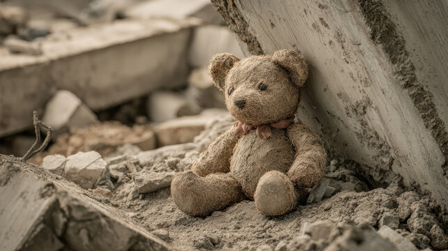 Lonely teddy bear abandoned toy war ruin concrete rubble lost childhood dirty plush disaster aftermath sad emotion damaged building nostalgia