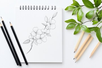 Artistic Relaxation: Hand-Drawn Floral Sketch in Sketchbook with Pencils sketch artistic floral art