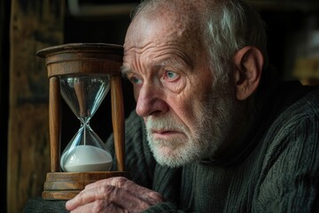 Sad frightened old man looking at hourglass with last grains of sand falling down. Time and life passing concept
