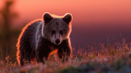 Fototapeta premium Bear animal wildlife nature sunset sky cub grass mammal wild outdoors evening field meadow fur young forest environment countryside golden light