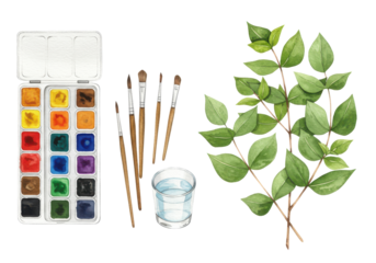 Watercolor painting supplies with brushes, water cup, and fresh green leaves on display