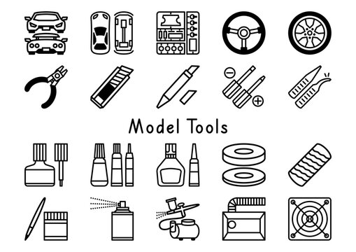 A comprehensive set of black and white line icons illustrating various tools and supplies used for building plastic model cars and kits.