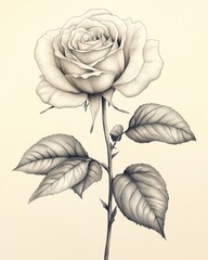 Realistic Pencil Drawing of a Single Rose on Stem with Leaves, Detailed Botanical Illustration Sketch