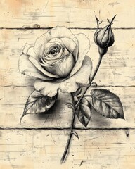Detailed Pencil Drawing of Rose and Bud on Rustic Wood Background Rose Rosebud Flower Plant Sketch