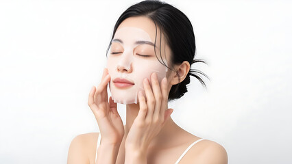 Relaxed Young Asian Woman Touching Face with Eyes Closed Skincare and Wellness Concept
