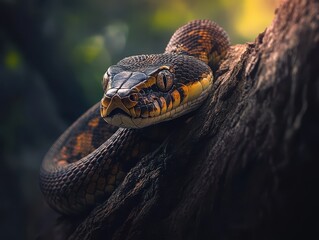 A vigilant snake with dark, yellow-patterned scales coils on a rough tree branch