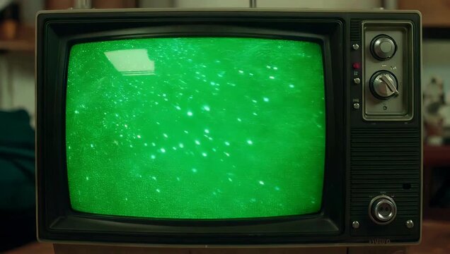 Close up 4K retro television turning on with static green screen noise emphasizing vintage technology nostalgic ambiance authentic analog visual effects creative stock 