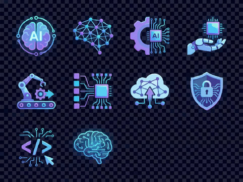 Innovation Icons: A collection of vibrant icons represents artificial intelligence, showcasing key concepts and symbols that define the evolution of machine learning and the digital world.