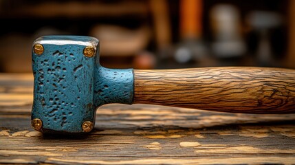 Close-up of hand-forged hammer head & wooden handle