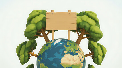 Earth surrounded by lush green trees with a blank wooden sign for text on a white background