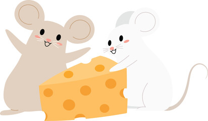 happy mice character found yummy cheese, cheerful beige mouse and white mouse got cheese 