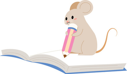 little cute mouse holding pencil with write on notebook, smile learning at school 