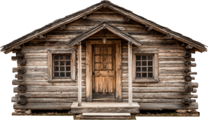 Cozy log cabin with simple porch, windows, and a wooden door