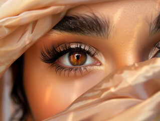 Macro Beauty Close-Up of Middle Eastern Woman&rsquo;s Brown Eye With Soft Glam Makeup and Sheer Nude Fabric