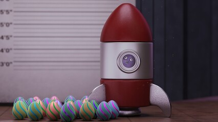Rocket model behind Easter eggs on floor near lineup wall