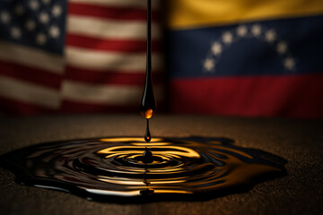 Single drop of crude oil falling into reflective pool with USA and Venezuela flags in background symbolizing energy dependency, geopolitical tension, sanctions, and international economic relations