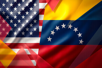 Layered collage of USA, Venezuela, and Germany flags symbolizing global diplomacy, international relations, political tension, cultural exchange, economic conflict, and geopolitical complexity