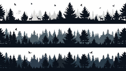 Silhouetted forest scene featuring deer birds and dense coniferous trees © Rupa
