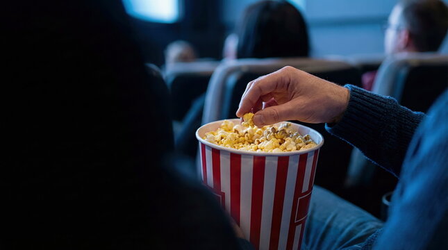A person's hand reaches for popcorn in a striped bucket while watching a movie in a dark cinema, symbolizing leisure and entertainment.
