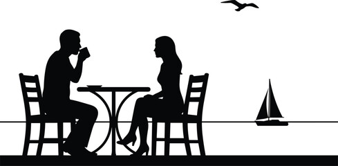 Romantic couple silhouette drinking coffee at seaside cafe table with sailboat and flying bird black illustration isolated white background design