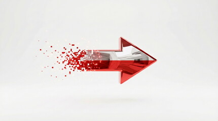 A red digital arrow dissolves into pixels on a white background, symbolizing technology, data flow, change, and future progress.