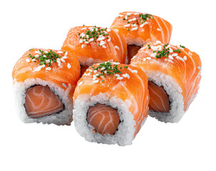 Sushi roll pile, salmon layered atop rice, seasoned with sesame and green herbs