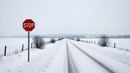 Snowy Winter Road with Stop Sign in Rural Landscape Cold Weather Scene