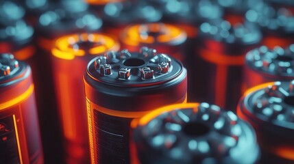 Close-up of many glowing, cylindrical components