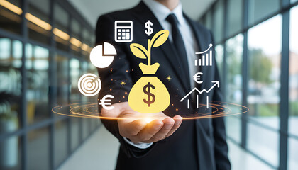 Business Hand with Financial Icons – Investment Growth, Strategy, Planning, Currency, Analytics, Abstract, Corporate