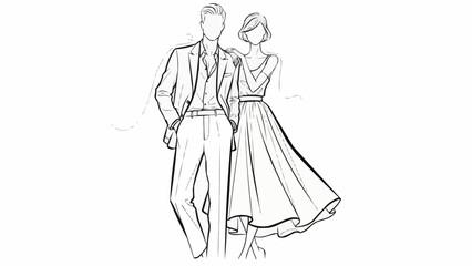Elegant Couple Fashion Sketch Drawing Line Art.