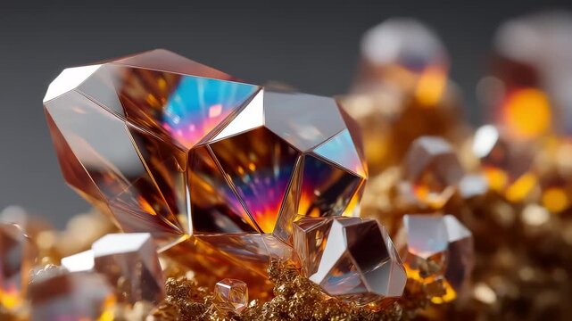 Brilliant multifaceted crystal ore shining on golden grit