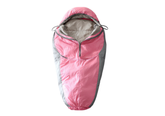 Pink and gray sleeping bag with a hood, zipped up, isolated on black