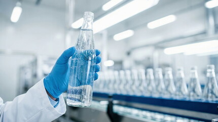 A gloved hand in a lab coat inspecting a clear glass bottle of sparkling water on a clean factory production line. Emphasizes quality control.