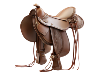 Brown leather western horse saddle with long fringe