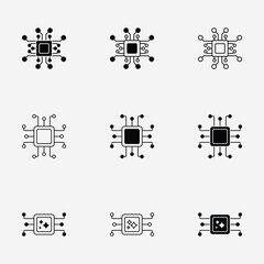 Cpu Multiple Style Icon Collection. Artificial intelligence AI processor chip  symbol. AI digital innovation system. Vector linear icon illustration isolated on white background.
