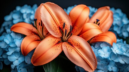 Close-up of orange lilies with blue hydrangeas