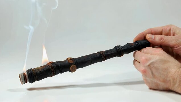 High resolution 4K footage of burning incense against white background highlighting aromatic smoke traditional Emirati Saudi Bakhoor Oud wood rituals cultural lifestyle stock 
