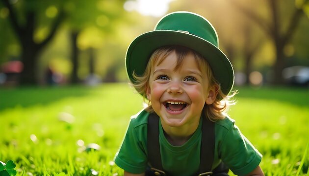 Family celebrating St. Patrick's Day. Irish holiday, culture and tradition. Kids wear green leprechaun hat and beard with Ireland flag and clover leaf.,created with generative ai