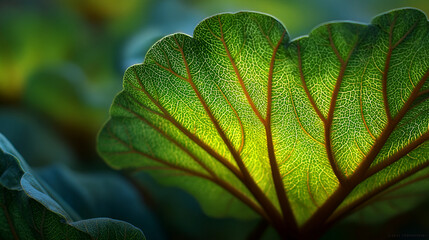 Extreme close-up macro photography capturing the vibrant backlit structure of a large green leaf showcasing intricate vein patterns and cellular detail in nature