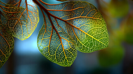 Detailed close-up macro photograph showcasing vibrant translucent green and yellow leaf skeleton structures illuminated against a softly blurred cool blue and dark background setting