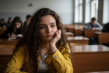 Thoughtful student sitting in classroom with hand on chin