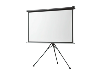 Freestanding projector screen, bright white center, tripod base, black background