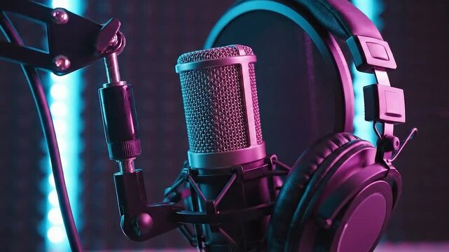 Professional condenser microphone and headphones in studio podcasting setup with neon lighting audio recording.