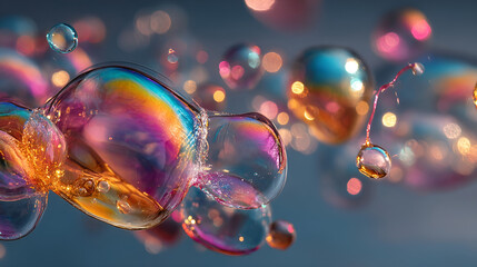 Macro shot of iridescent soap bubbles floating in mid air with colorful bokeh lights on a dark background creating a mesmerizing and playful atmosphere with rainbow colors