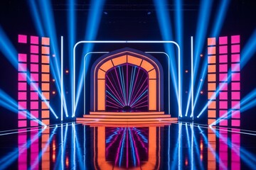 Vibrant stage setup with colorful lights and modern design elements