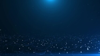 a dark blue abstract background featuring a network of connected people icons illuminated by scattered glowing light particles and lines - Powered by Adobe