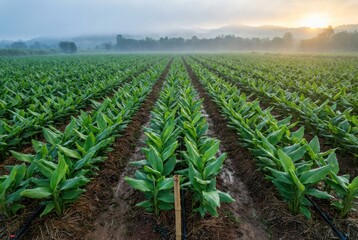 Young banana plants in farm field at sunrise with mist, neat crop rows in fertile soil, perspective landscape, representing sustainable agriculture and food production
