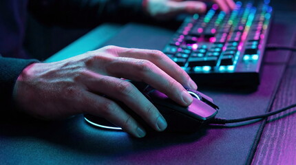 Gamer's hand on a mouse with a colorful RGB backlit keyboard in a dark room, capturing intense online gaming action and modern technology.