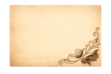 Vintage aged paper rectangle with ornate scrolling border design in corner, ready for text or visuals, transparent background